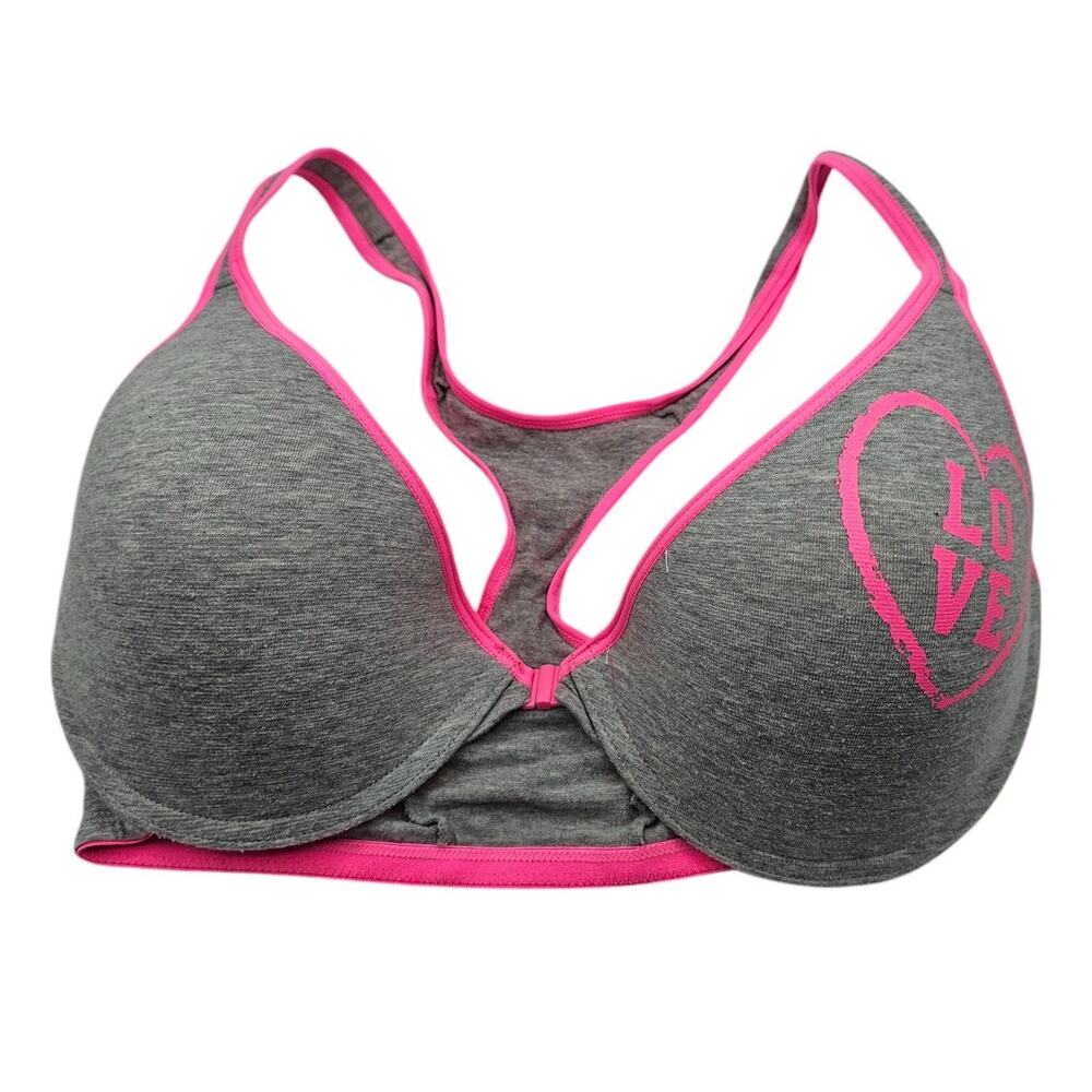 Fruit of the Loom Womens Sz 36DD Front Clasp T Shirt Bra Gray Pink Cotton